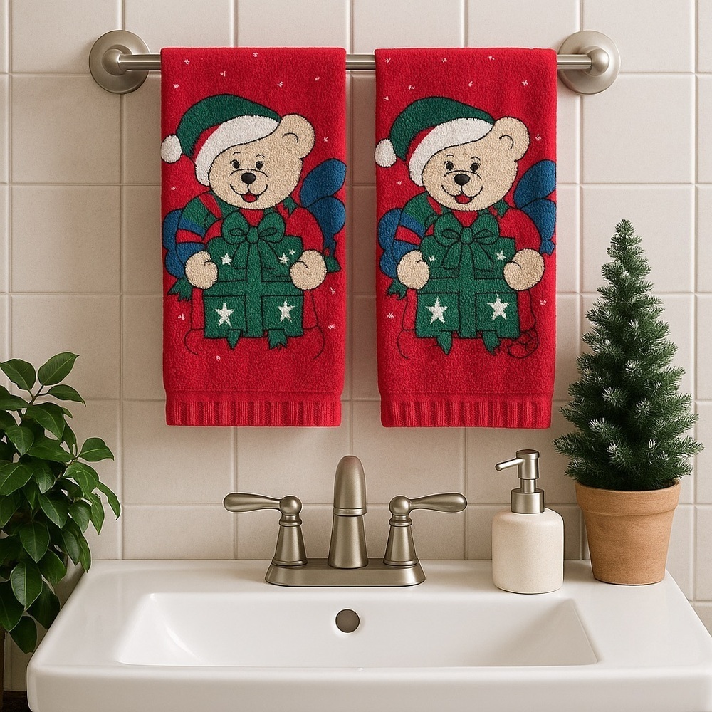 Vintage Holiday Teddy Bear Christmas Hand Wash Towels